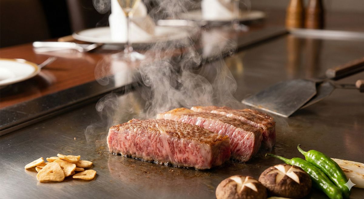 近江牛の豪華なランチ。サシの入った美しいお肉が鉄板で焼ける様子と、立ち上る美味しそうな湯気。