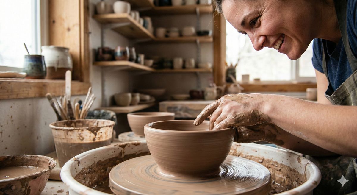陶芸体験で真剣に土をこねる手元。ろくろの上で形が変わっていく粘土と、それを見つめる楽しそうな笑顔。