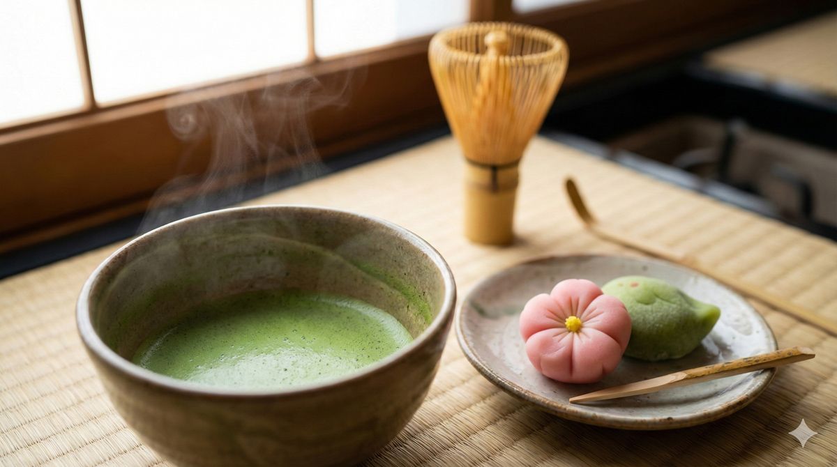 立ち上る湯気と鮮やかな緑色が美しい、淹れたての本格的な抹茶と季節の和菓子