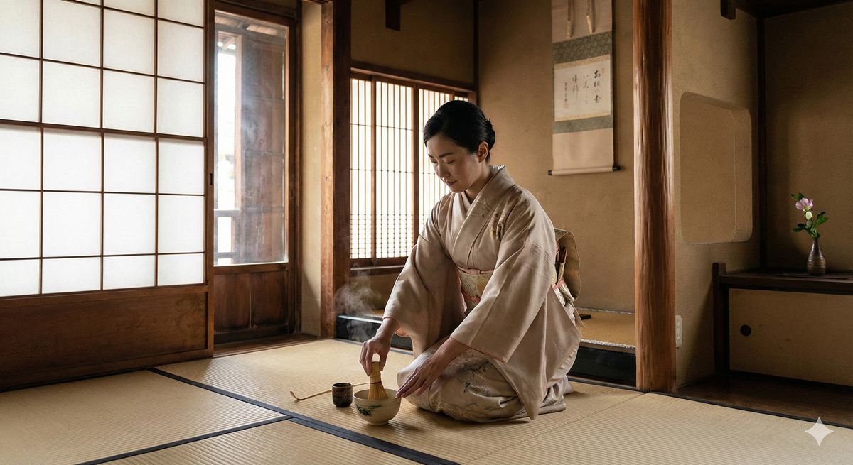 京都の古い町家にある茶室で、静かに茶筅を振る女性の凛とした姿