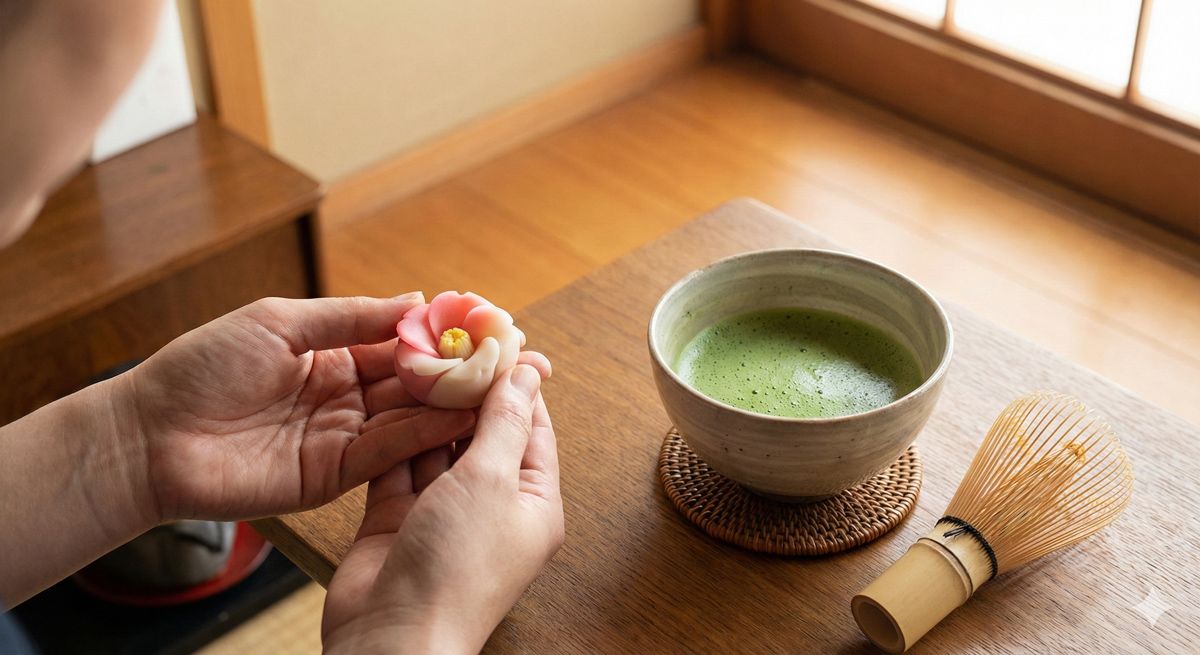 色鮮やかな季節の練り切りを丁寧に形作っている手元。隣には点てられたばかりの抹茶