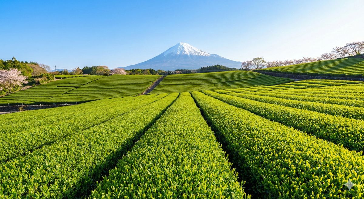一面に広がる鮮やかな緑の茶畑と、遠くに見える富士山の絶景
