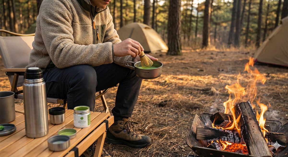 キャンプ場の焚き火のそばで、アウトドア用の茶器を使って抹茶を楽しむ様子