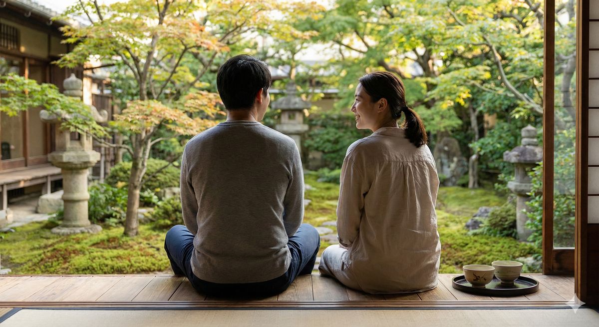 体験後、清々しい表情で庭園を眺めながらリラックスしている参加者の後ろ姿