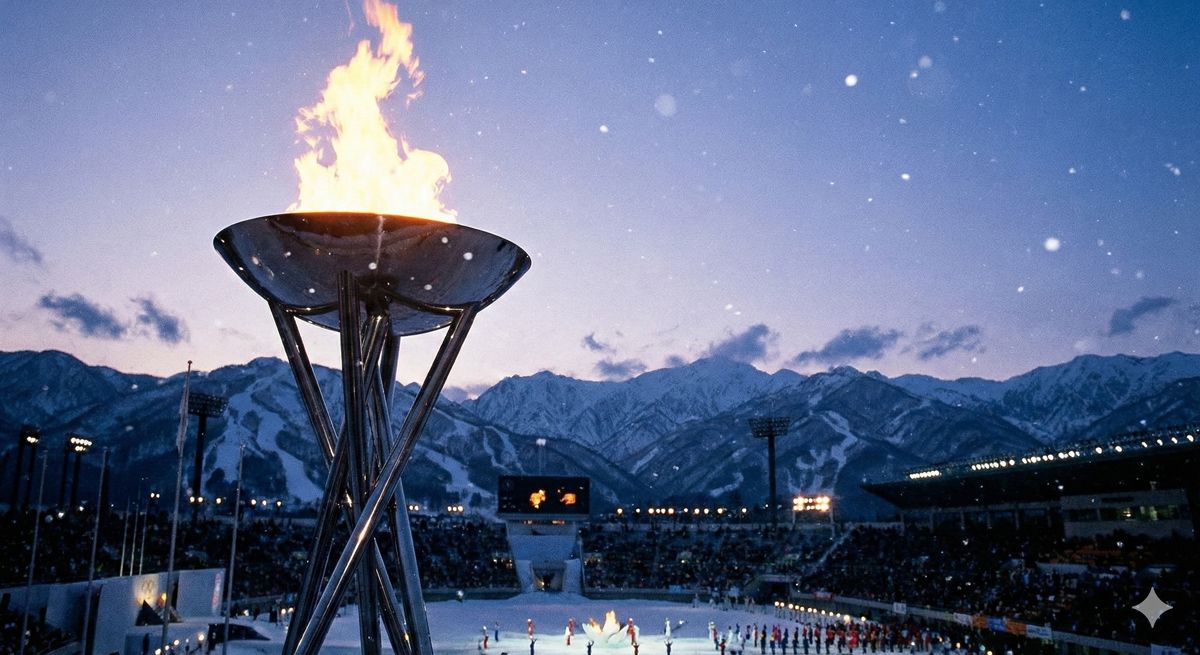 1998年長野オリンピックの開会式を象徴する雪景色と聖火台