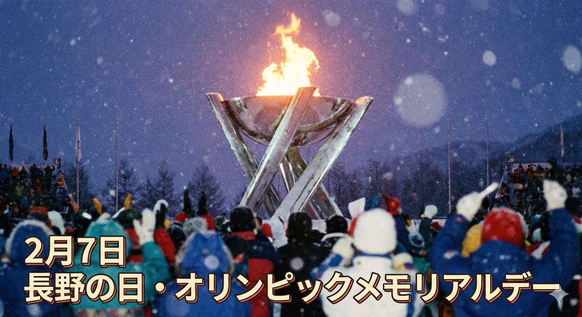 1998年長野オリンピックの聖火台が冬空に映え、当時の熱気を感じさせるノスタルジックな情景