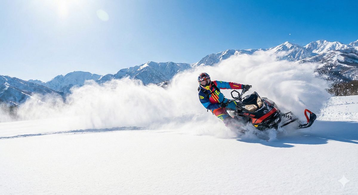 白馬の広大な雪原を、スノーモービルで疾走し雪しぶきを上げるダイナミックなシーン