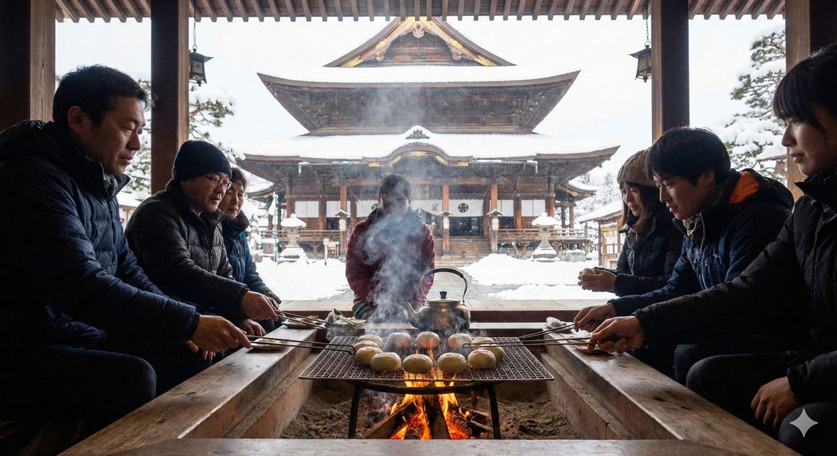雪化粧した善光寺の本堂を背景に、囲炉裏でおやきを焼く温かい湯気のあがる光景