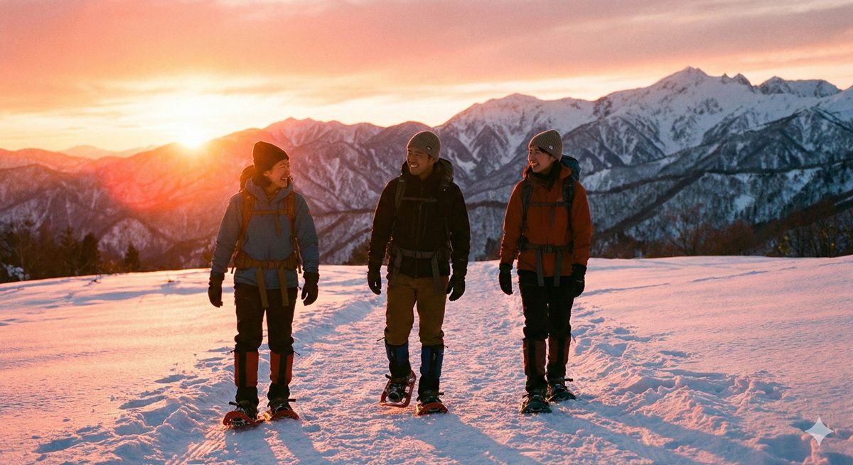 夕暮れ時、オレンジ色に染まる雪山を背景に、充実感に満ちた表情で帰路につく旅行者