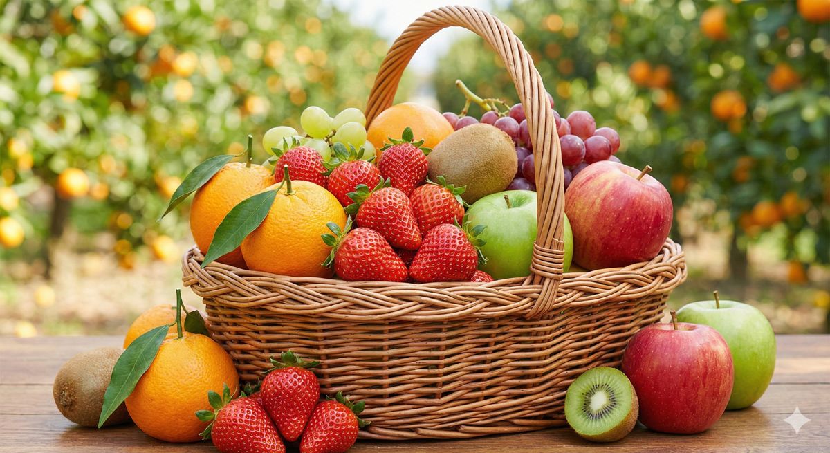 バスケットいっぱいに収穫された、色とりどりの旬の果物たちが並んでいる様子。