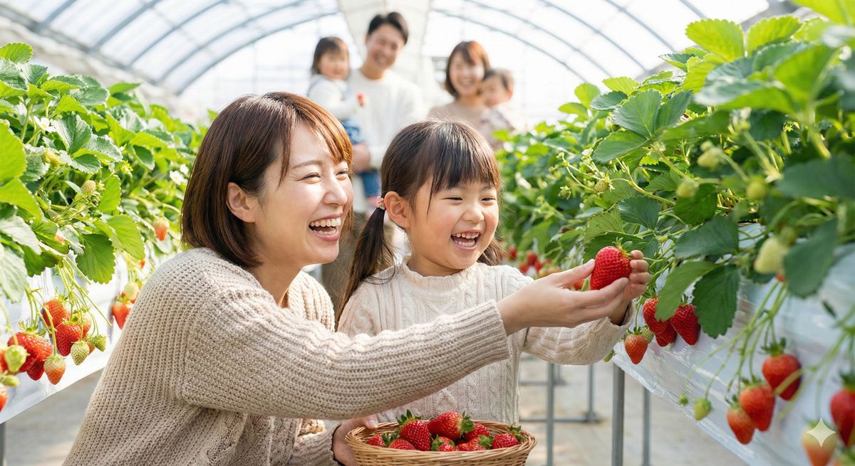暖かなビニールハウスの中で、親子が笑顔でいちご狩りを楽しんでいる微笑ましい光景。