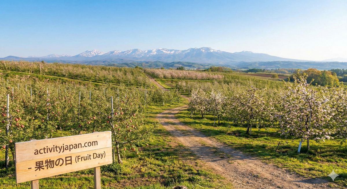 青空の下、広大な果樹園と遠くに山々が見える、開放感あふれる景色。