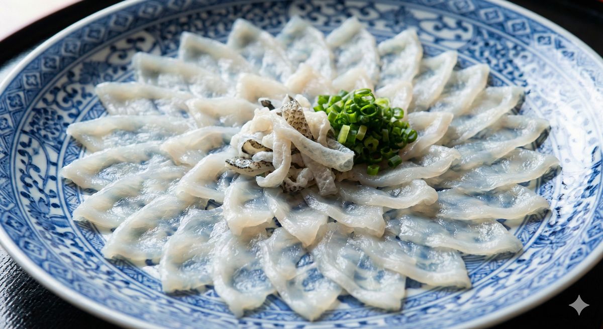 お皿の模様が透けて見えるほど美しく盛り付けられたフグの刺身。職人技が光る芸術的な一皿。