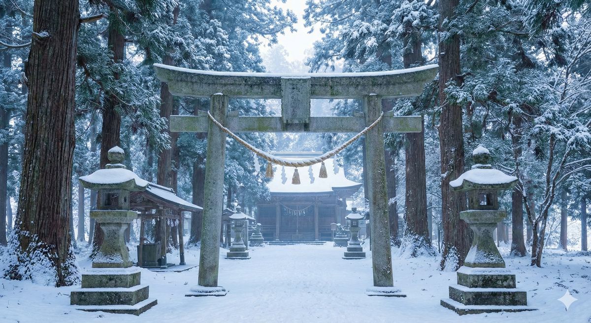 雪がうっすらと積もった静かな神社の鳥居。凛とした空気感と神聖な雰囲気が漂う光景。