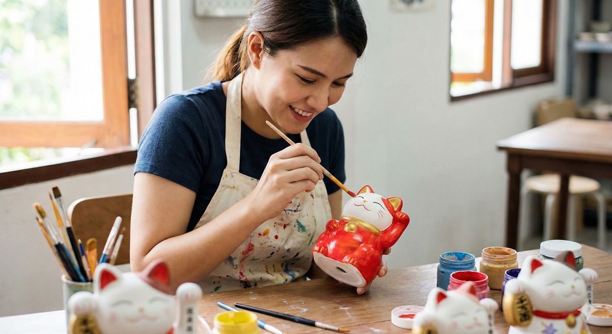 真剣な表情で招き猫の絵付けをする女性。カラフルな筆使いで自分だけの表情を作っていく楽しそうな様子。