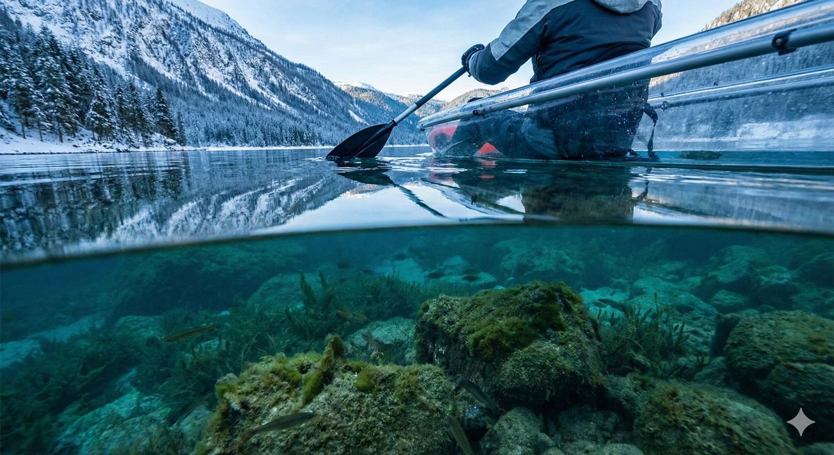 透明度の高い冬の湖面を、クリアカヤックで進む様子。水底まで見える不思議な感覚と圧倒的な没入感。