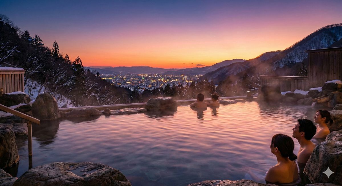 夕暮れ時から夜に変わるマジックアワー。温泉から眺める街の灯りが宝石のように輝く絶景露天風呂。