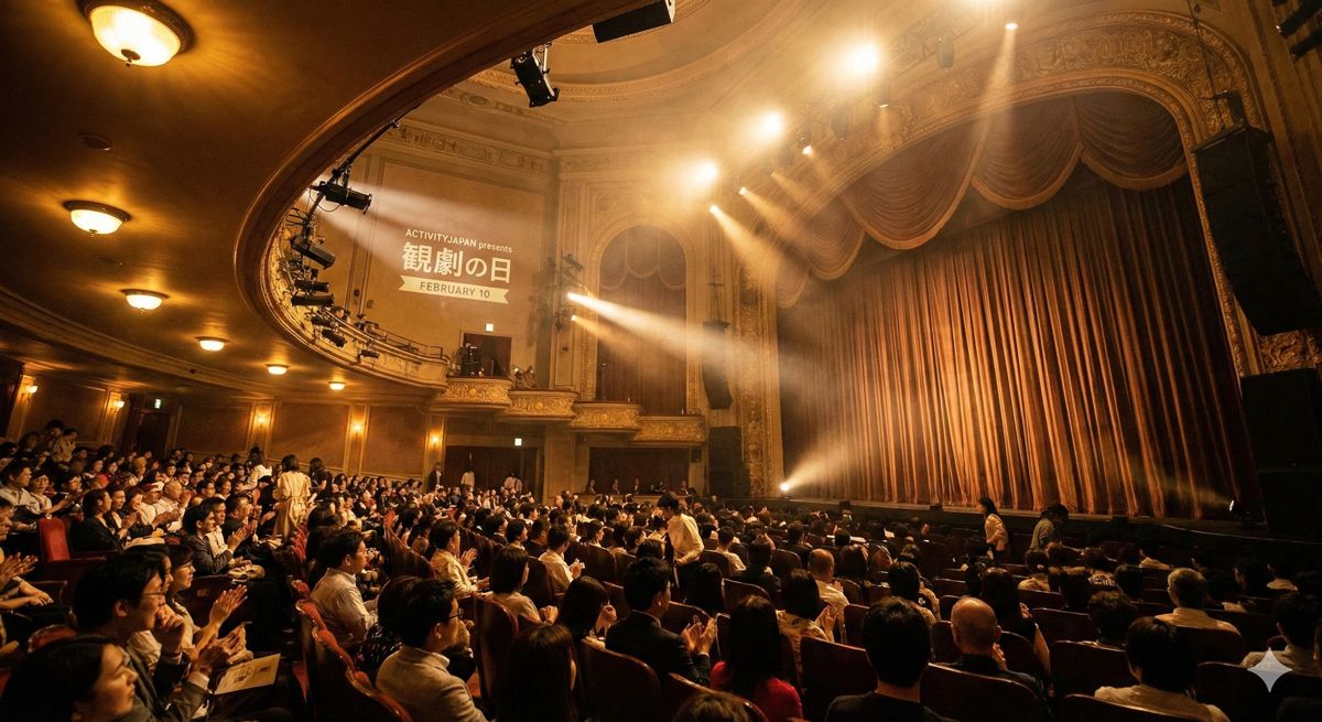 華やかな舞台の照明が客席を照らし、これから何かが始まる期待感に満ちた劇場の風景