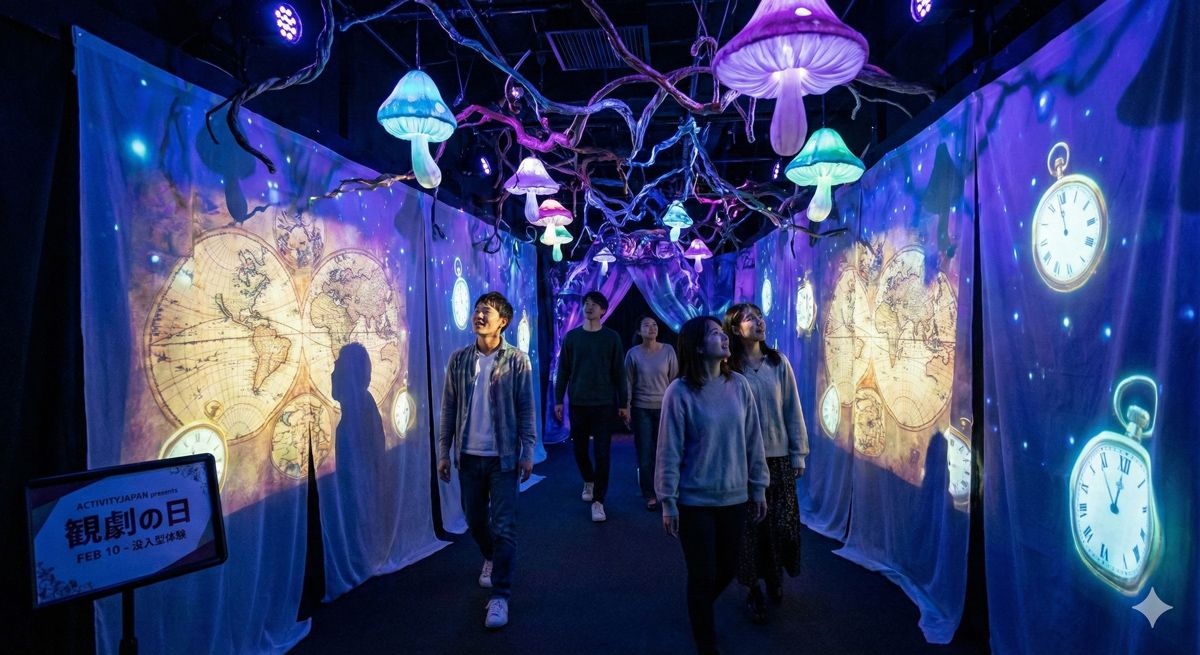 物語の世界観に迷い込んだような没入型体験施設。幻想的なライティングと不思議な装飾