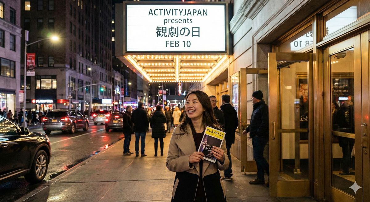 観劇を終えて劇場から出てきた女性。晴れやかな表情で夜の街を歩く姿