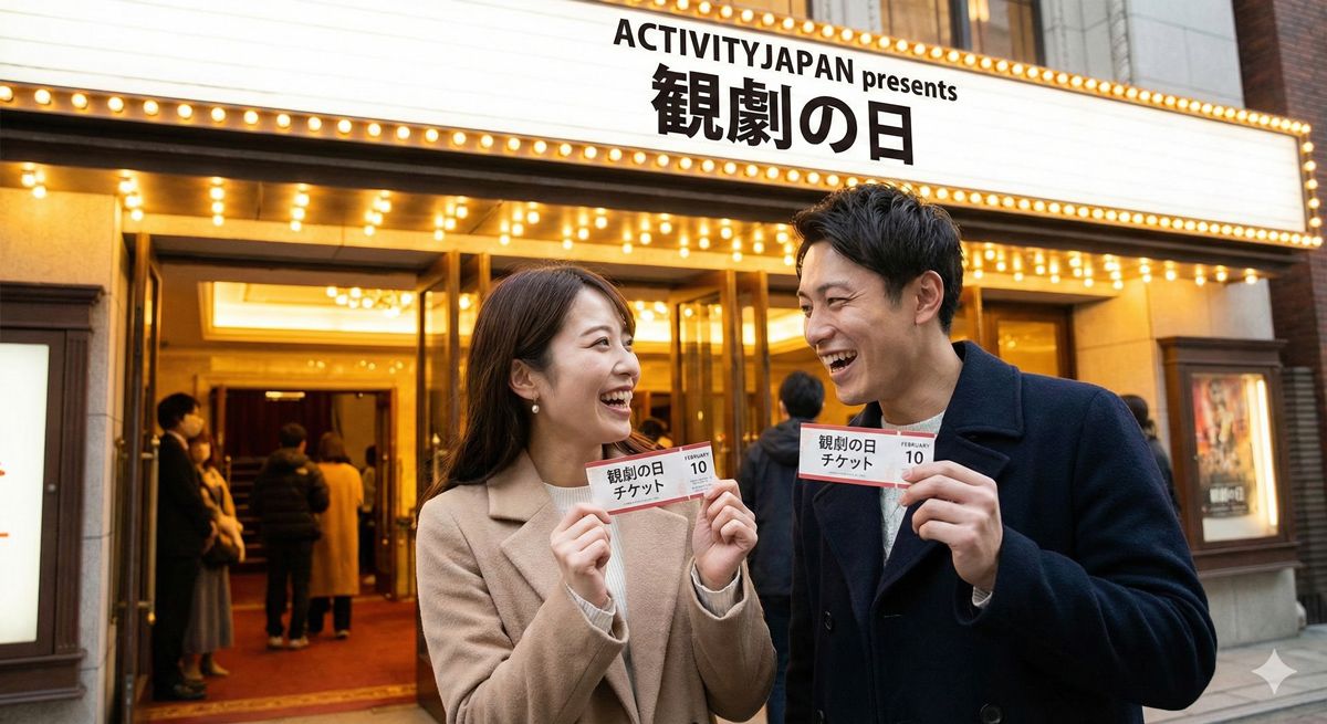 劇場のチケットを手にして微笑むカップル。ワクワクした表情が印象的なカット