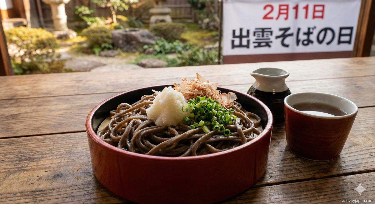 出雲そばの特徴である、丸い三段の割子（わりご）に盛られた黒っぽいそばと薬味のセット