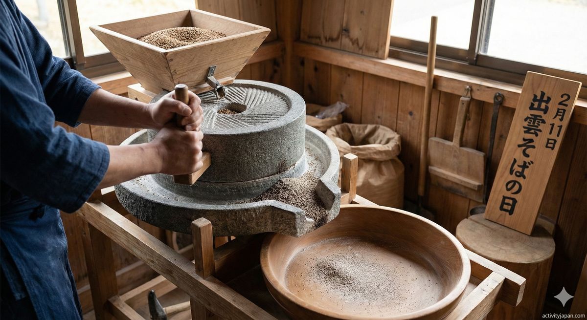 石臼でそばの実を丁寧に挽いている様子。黒っぽいそば粉が少しずつ溢れ出している。