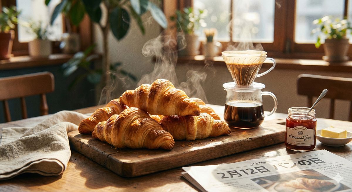 朝の光の中で湯気を立てる焼きたてのクロワッサンとコーヒーのイメージ