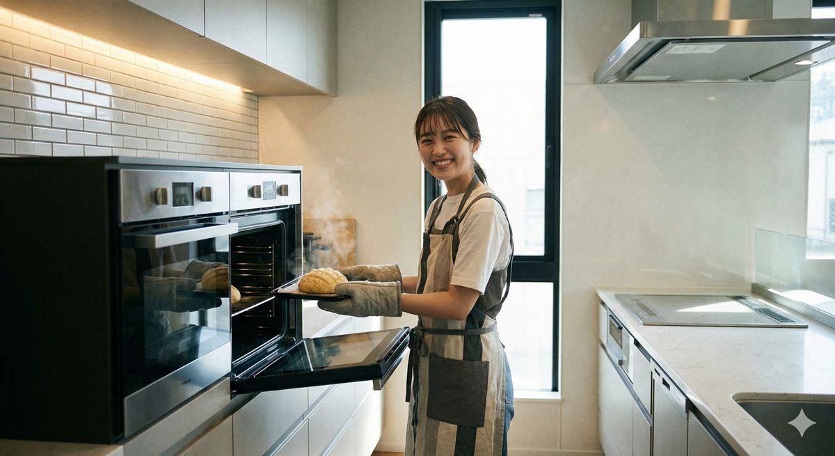 オーブンから出したばかりの焼きたてメロンパンを手に持ち笑顔の女性