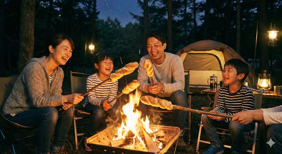 キャンプ場で焚き火を囲みながら木の棒に巻いたパンを焼いている家族の様子