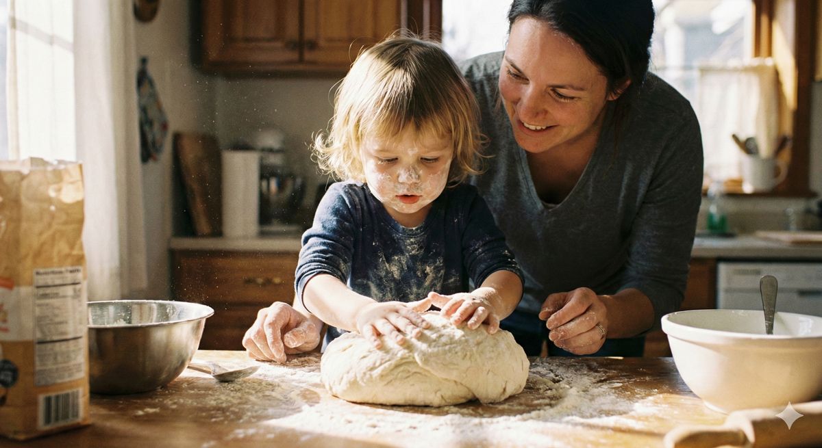 粉まみれの手でパン生地を一生懸命こねている子供とそれを見守る親の温かいシーン