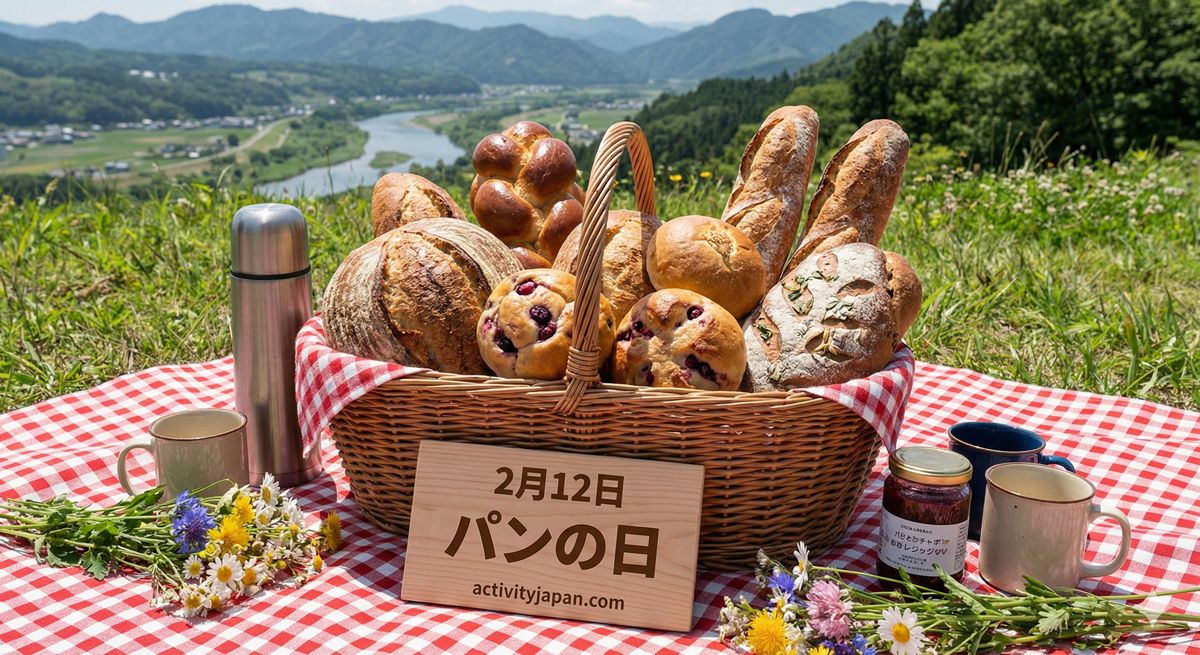 バスケットいっぱいに盛られた色とりどりの手作りパンとピクニックシートの風景