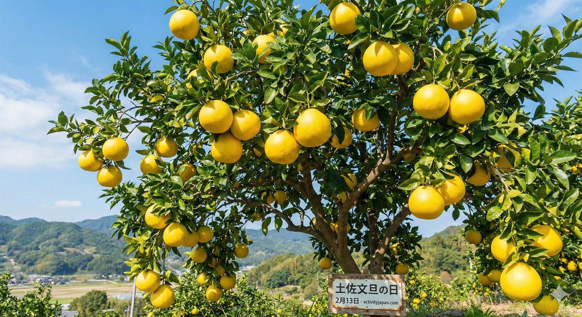 青い空を背景にたわわに実る鮮やかな黄色の土佐文旦の木