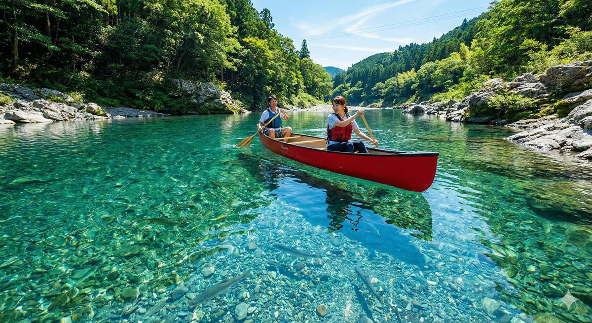 高知県の仁淀川で、驚くほど透明な青い水の上をカヌーで進む様子
