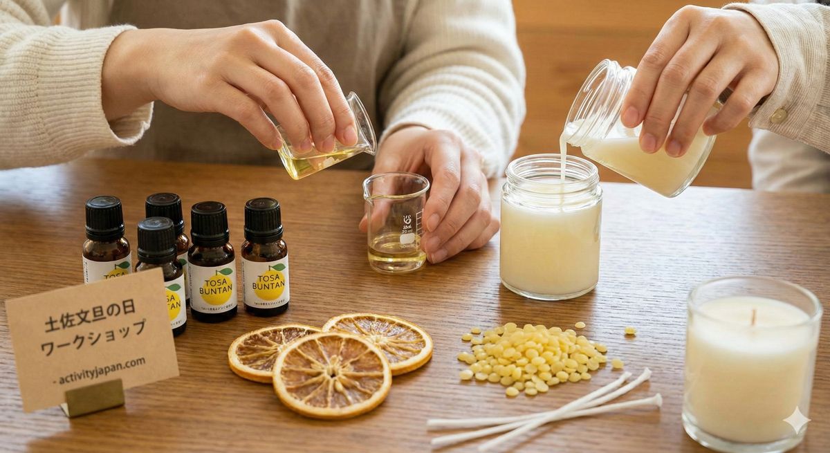 柑橘系のエッセンシャルオイルを使って、オリジナルの香水やアロマキャンドルを作っている手元のアップ