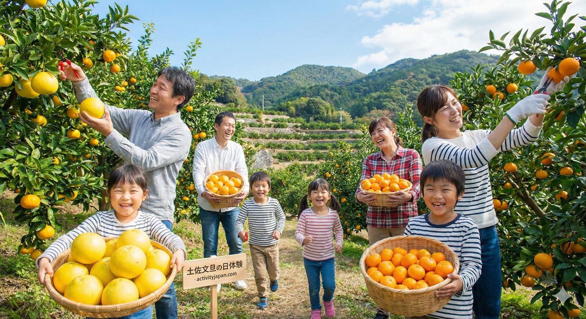 青空の下、家族や友人と笑顔でみかんや柑橘類を収穫しているシーン