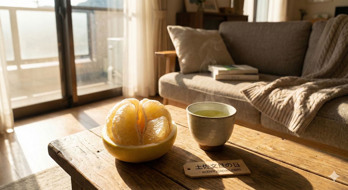 陽の光が差し込む部屋で、剥いたばかりの文旦とお茶をテーブルに置いてリラックスしているイメージ