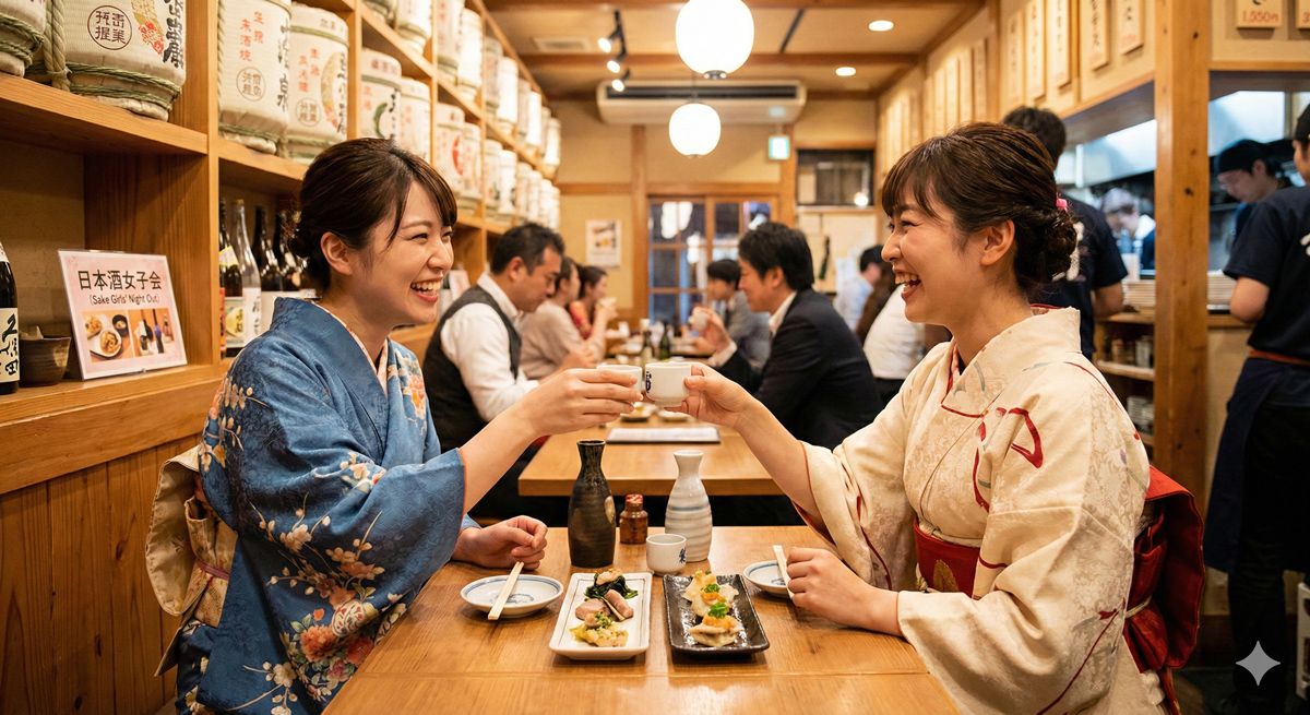 着物を着た女性2人が日本酒の猪口を持って笑顔で乾杯している居酒屋または酒蔵のシーン