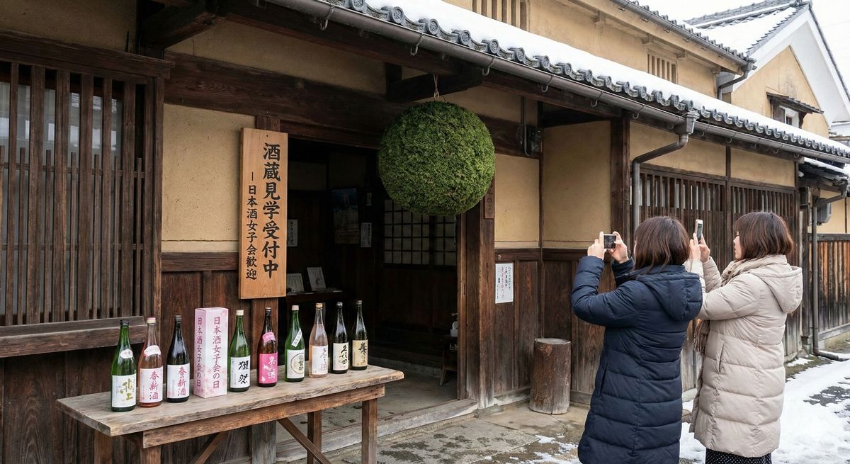 歴史ある酒蔵の入り口に飾られた新しい青々とした杉玉と日本酒の瓶