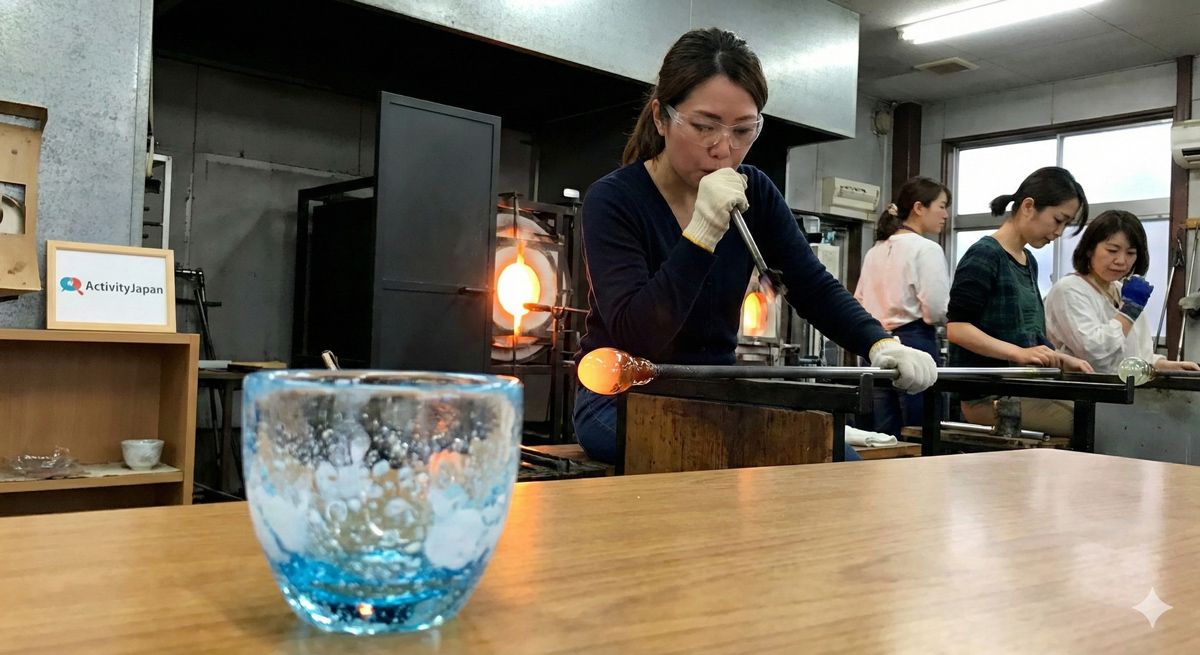 吹きガラス体験で真剣な表情でガラスを吹いている女性と完成した涼しげな酒器