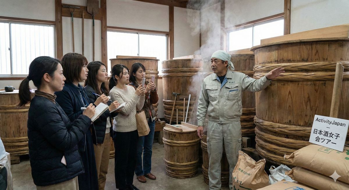 酒蔵の中で杜氏の説明を聞きながら熱心に見学している女性グループ
