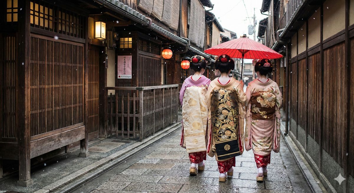 京都や金沢のような古い町並みを着物姿で歩く女性たちの後ろ姿