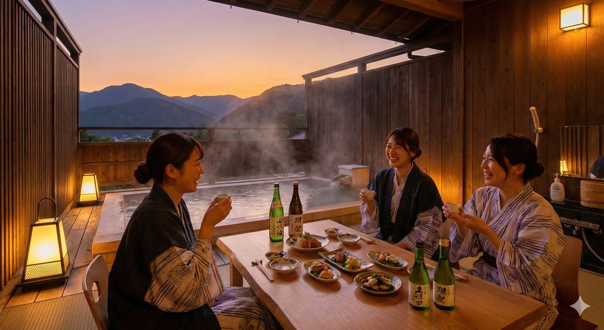 夕暮れ時の温泉宿やレストランで日本酒を飲みながらリラックスして談笑する女性たち