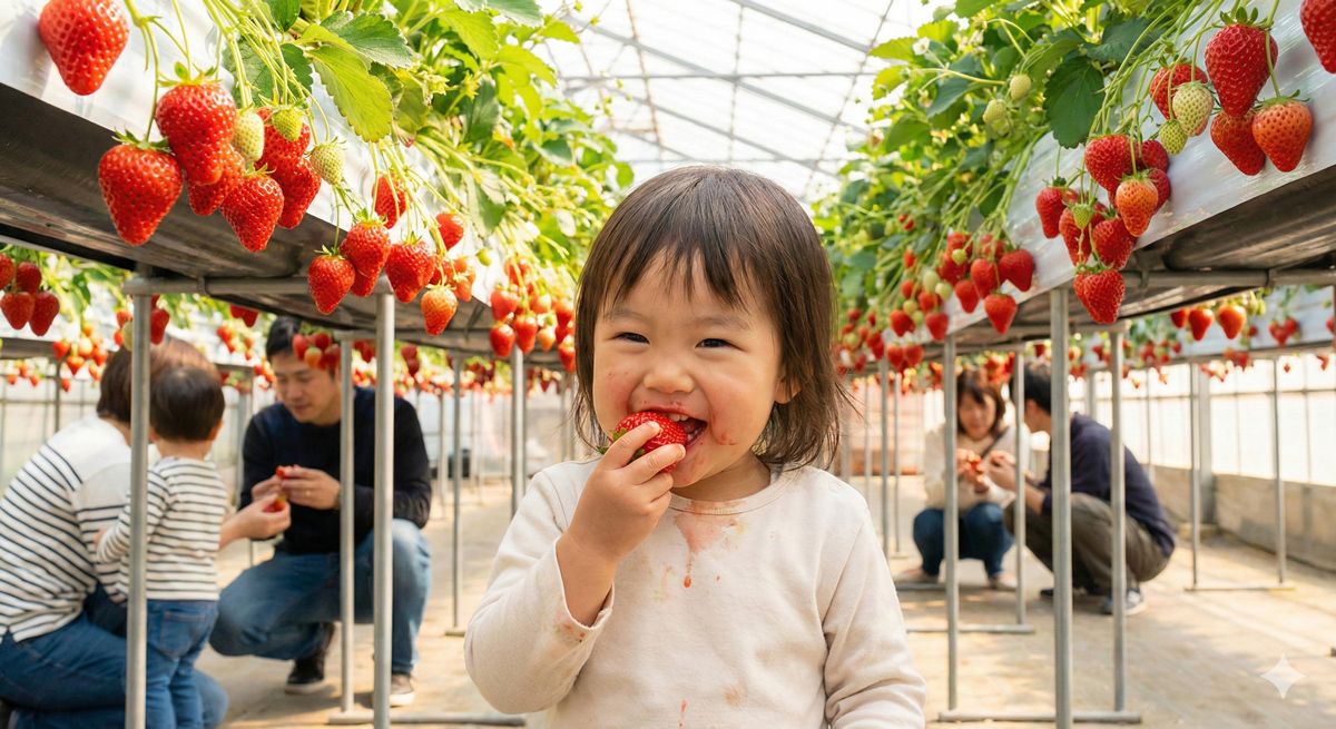 真っ赤に熟れたいちごが鈴なりになっているハウス内の様子。子供が笑顔でいちごを頬張るシーン