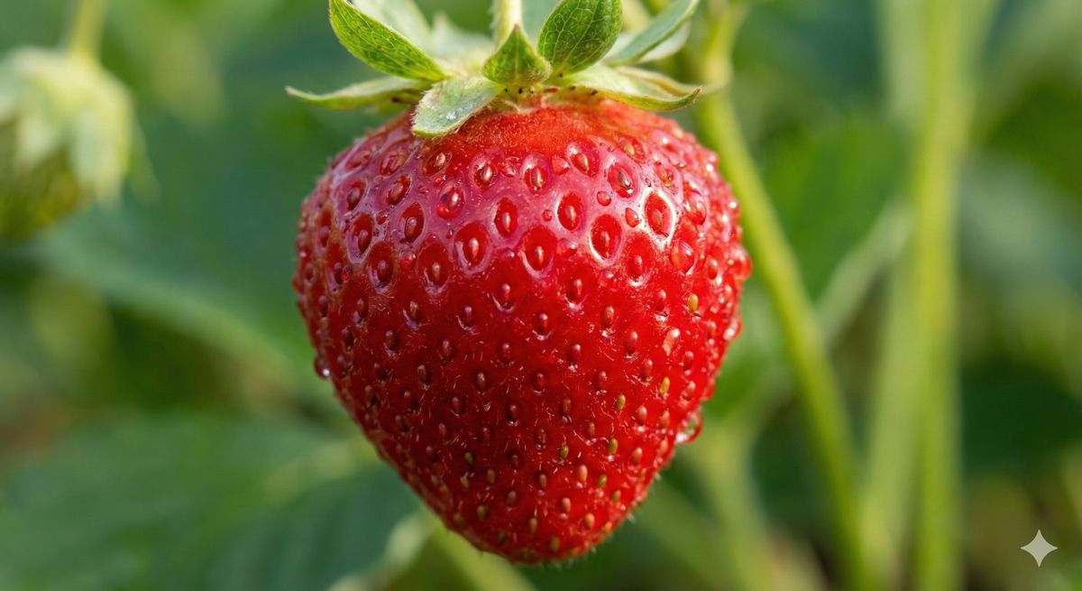 みずみずしいいちごのアップ。ヘタの近くまで赤く、表面の粒が立っている新鮮な状態