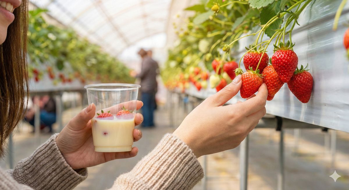 いちご狩りのハウスで、練乳が入った容器を片手にいちごを選んでいる女性の手元