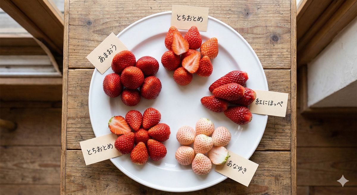 数種類のいちごを食べ比べできるプレート。品種名が書かれたカードと共に並ぶ美しいいちご