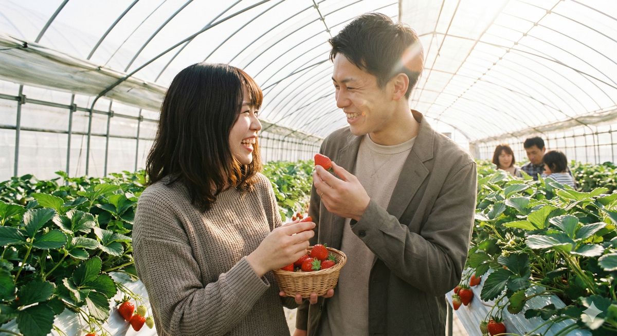春の陽光が差し込む明るいハウス内で、若いカップルがいちごを摘みながら笑い合っている様子
