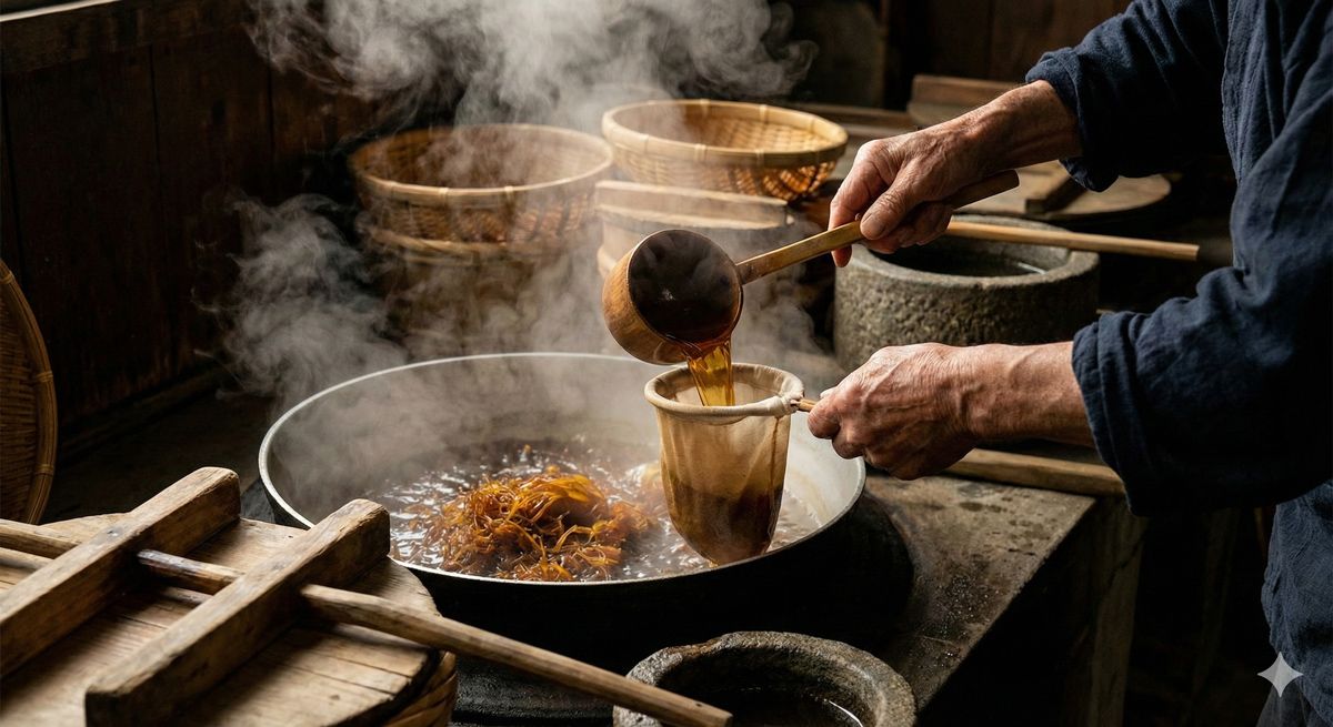 昔ながらの製法で寒天作りをしている職人の手元と、煮溶かした天草の湯気