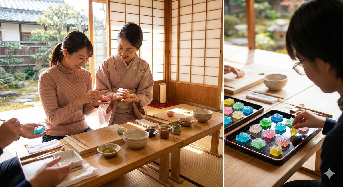 京都の和室で、色とりどりのキラキラした琥珀糖や練り切りを作っている体験風景